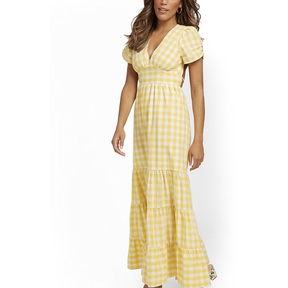 New York & Company Lena Yellow and White Open Back Gingham Maxi Dress Size L